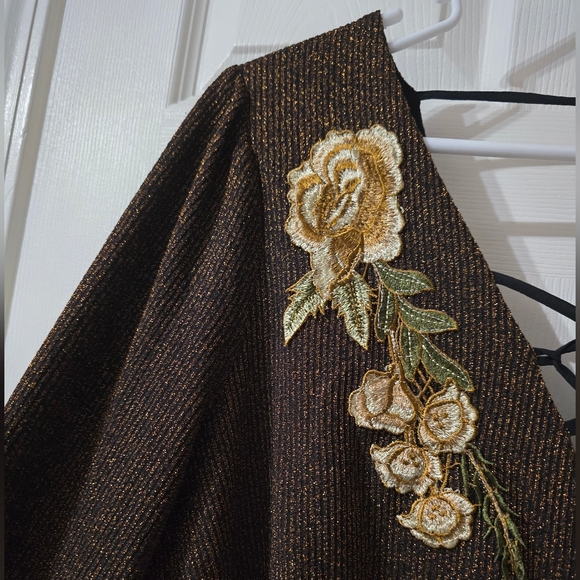 Gimmicks by BKE Floral Embroidered Brown & Gold Metallic Top, Deep V-Neck, EUC! - Picture 4 of 9